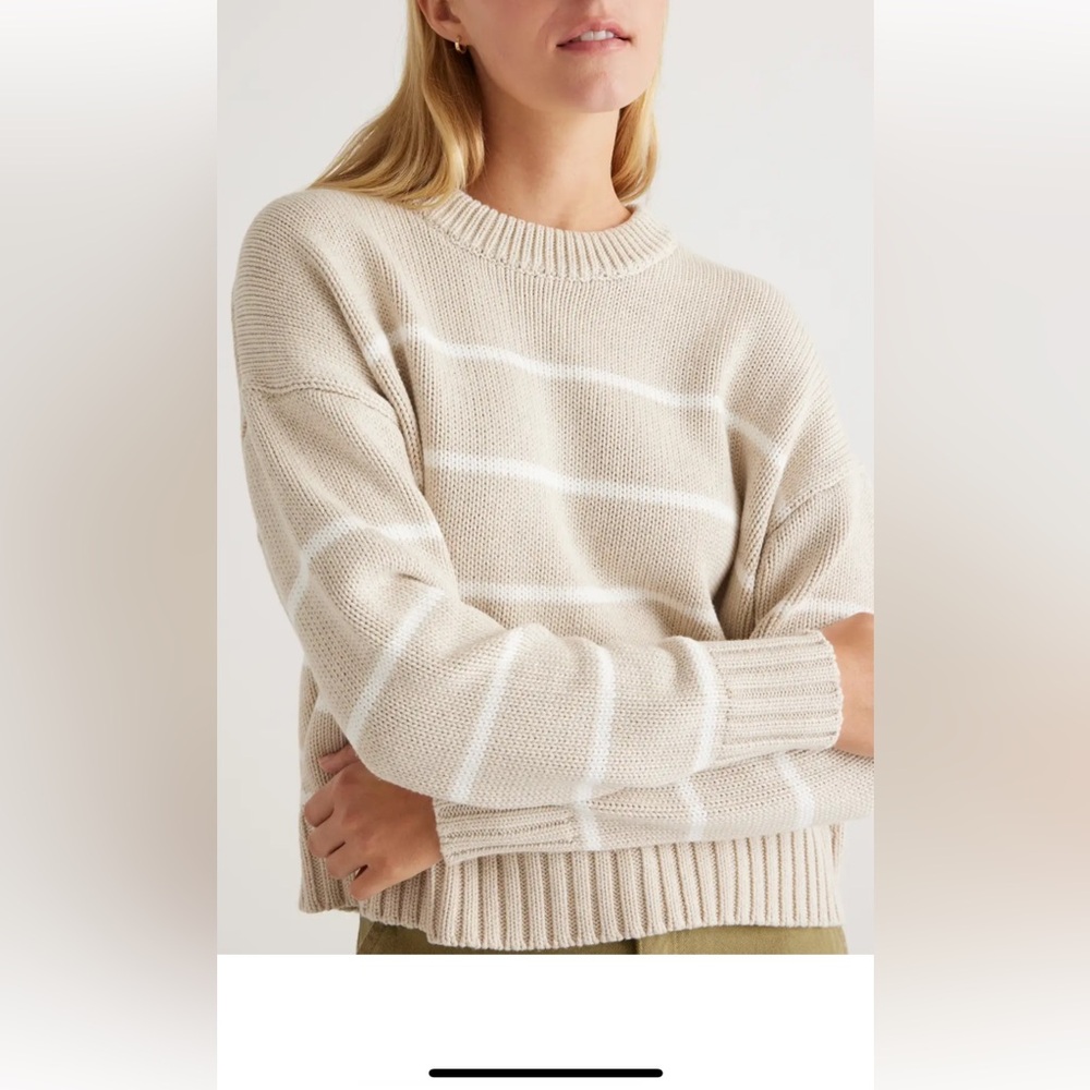 Quince 100% Organic Cotton Striped Crew Sweater size M in speckled beige/ivory